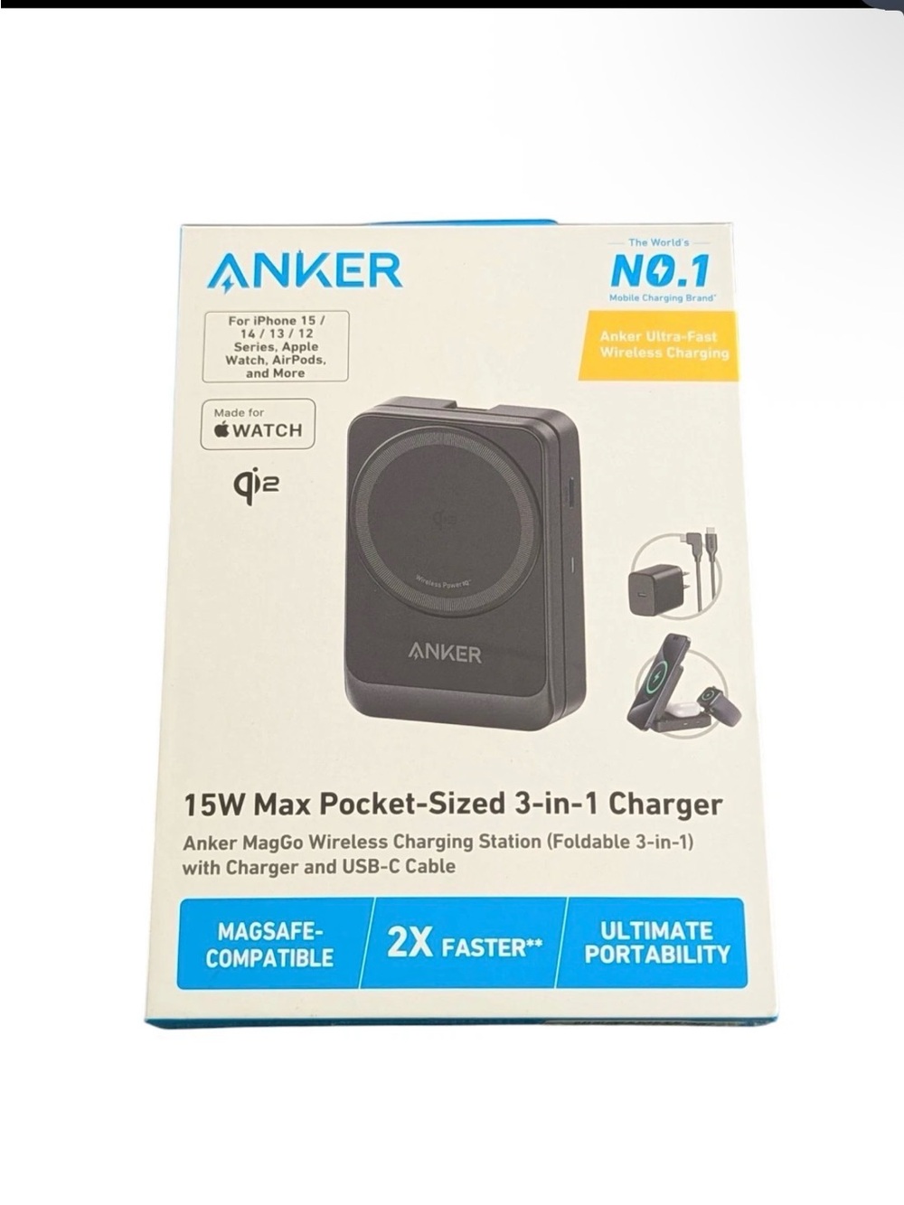 Anker MagGo 15W Qi2 Foldable 3-in-1 Wireless Charging Station USB-C